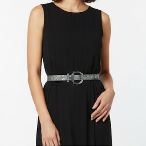 GARUGLIERI Genuine Leather Belt Grey w/ Floral Detail Silvertone Buckle Sz M